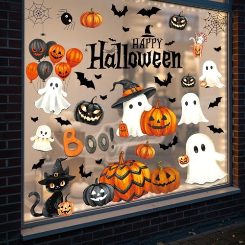 Image of Halloween Window Clings, Ghost Halloween Decorations Indoor Home Room Decor | 8 Sheets Large Window Stickers for Glass Windows & Doors Pumpkin Fall Window Clings Holiday Decals for Office Classroom Party