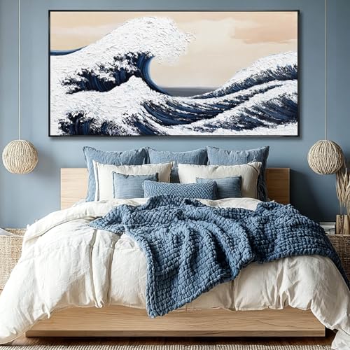 Image of Wave Poster Abstract Wall Art Minimalist Print Abstract Ocean Art Blue And White Framed Canvas Arts Print Paintings for Home Office Decorations 29 inchx58 inch