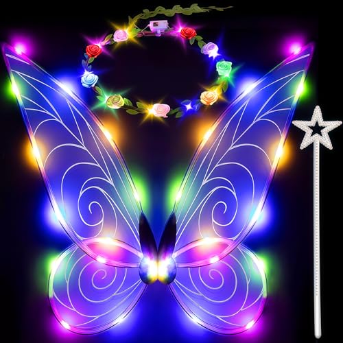 AONAT LED Fairy Wings for Girls Kids Women Light up Butterfly Wings with Magic Wand & Flower Crown Fairy Costume Set for Halloween Cosplay Birthday Fancy Dress Themed Party Decoration