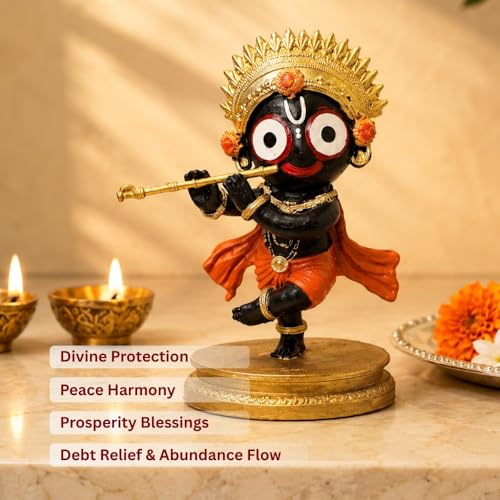Image of VAMA Siddh Lord Jagannath Idol 4.5 Inch - Premium Hand Painted Flute Jagannath Murti for Home, Temple, Office Desk & Car Dashboard | Resin Puri Jagannath Decorative Idol for Gifting & Spiritual Decor