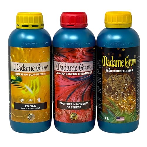 Madame Grow – Kit Iris – Fertilizantes Naturales – Promueve el Crecimiento y Protege tu Planta – Growht Accelerator, Lacalva Stress y Jabón Potásico – 3 x 1 L c/u