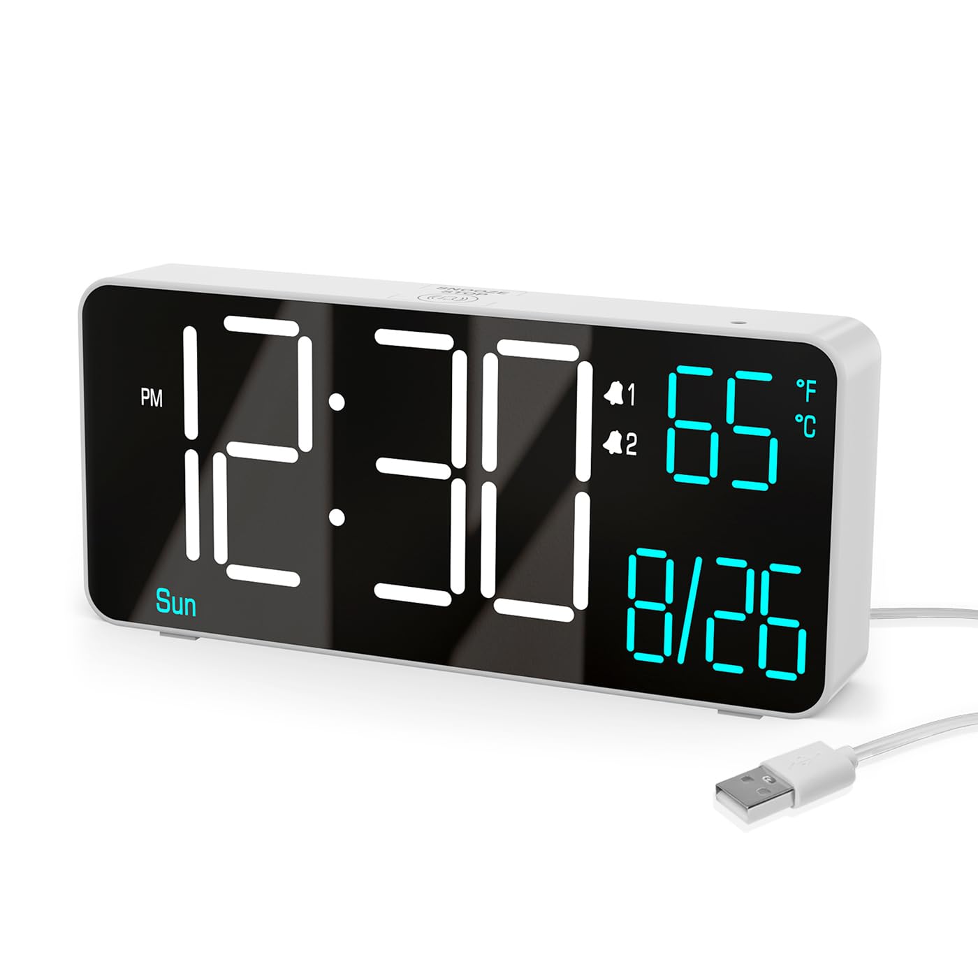 KOSUMOSU Digital Alarm Clock for Bedroom,6.7in Small Digital Clock,Auto Dimming,Date,Day of Week,Seconds or Indoor Temp,LED Alarm Clocks for Living Room,White Desk Clocks for Bedrooms