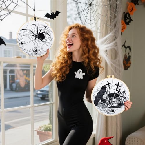 Image of Dark Gothic Embroidery Kits for Beginners Adults, Halloween Hand Embroidery Needlepoint Kits, Skull Spider Stamped Cross Stitch Kits for Beginners Adults, 2 Embroidery Hoops (Attached Video Tutorial)
