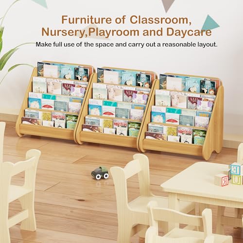 Image of Lkeiyay Montessori Kids Bookshelf, Wooden 4-Tier Front Facing Book Organizer for Nursery Classroom Kids Room