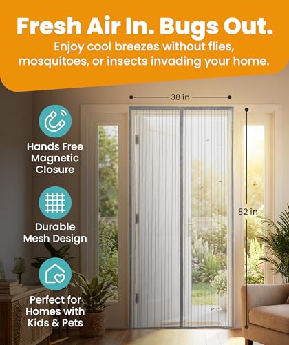 Flux Phenom Magnetic Screen Door - Bugs Out, Breeze in - 9min Install Auto-Sealing Heavy Duty Double Stitched Mesh, 52 Magnets, Hands Free Sliding & Patio Doors Net, Pet & Kid Friendly, 38 x 82 Inch