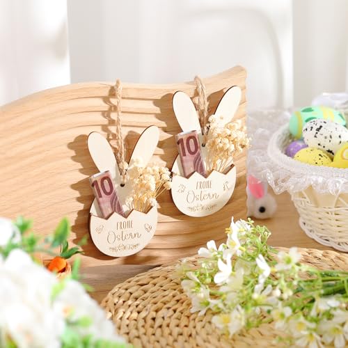 Otuuz 12 Stück Ostern Geldgeschenk Verpackung 12cm Holz 3D Ostereier im Osterhase und Getrocknete Blumen Set Kreative Frohe Ostern Geschenke für Familie Kollegen Freunde