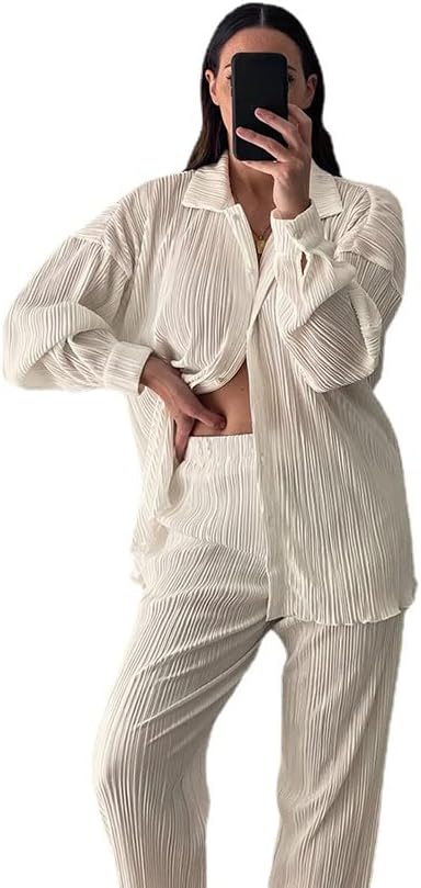 Womens 2 Pieces Outfits Ribbed Long Sleeves Loose Casual Top Wide Leg Pants Set