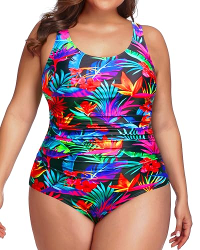 Daci Women Colorful Flower Plus Size One Piece Swimsuit Tummy Control Bathing Suit Athletic Ruched Swimwear 18 Plus