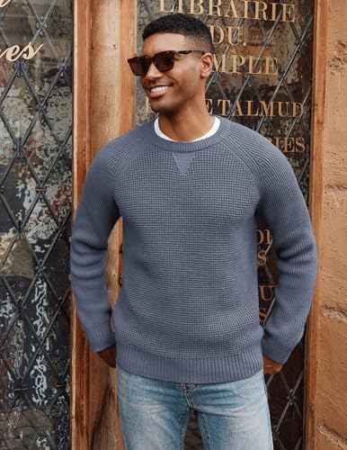 PJ PAUL JONES Mens Crewneck Sweater Waffle Knitted Pullover Sweaters Raglan Sleeve Knitwear Sweaters3