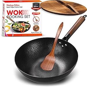Heritage Edition Carbon Steel Wok Pan with Lid | 12.5″ Preseasoned Quality Wok Set | Traditional Stir Fry Pan | Round Flat Bottom Wok