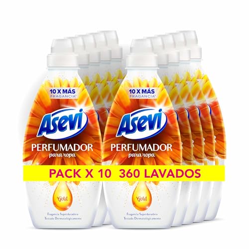 Asevi Perfumador Líquido para Lavadora Gold - Perfume para la Ropa - Fragancia Intensa y Sofisticada - Fórmula Hipoalergénica - Dermatológicamente Testada - Ideal para Todo Tipo de Ropa - Pack de 10