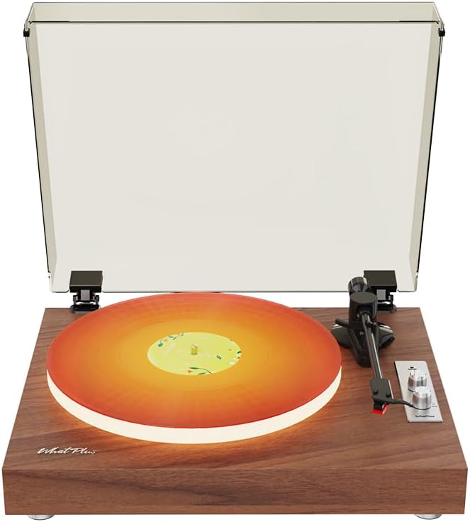 Vintage Bluetooth Turntable with Illuminated Platter, Built-in Speakers, RCA Output & 3.5mm Input – Retro Wooden Record Player for Home Decor