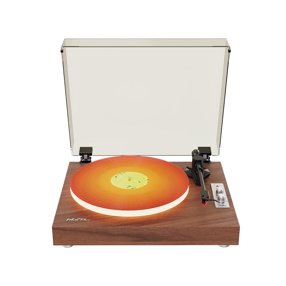 Giradischi Bluetooth con altoparlanti e piatto illuminato | Design vintage in legno con uscita RCA e ingresso da 3,5 mm, ideale per l'ascolto domestico e l'arredamento.