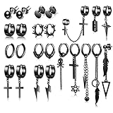 Honsny Black Dangle Mens Earrings, 24 PCS Surgical Stainless Steel Punk Silver Cross Earrings for Men Women Huggie Hoop Long Chain Piercing Feather Stud Men Earring Cool Black Earrings Set