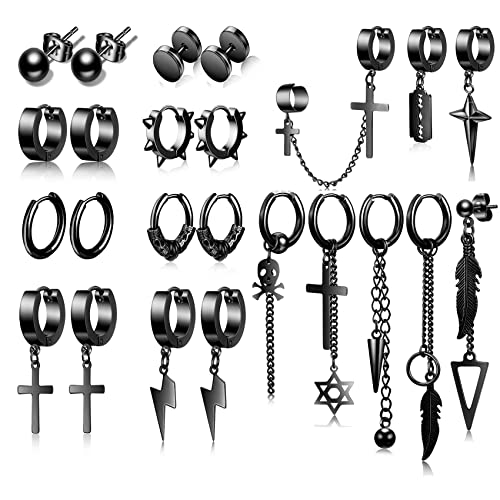 Honsny Black Dangle Mens Earrings, 24 Pcs Surgical Stainless Steel Punk Silver Cross Earrings For Men Women Huggie Hoop Long Chain Piercing Feather Stud Men Boys Earring Cool Black Earrings Set #TOP16