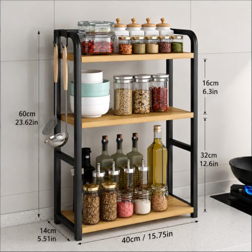 Image of Spice Rack Organizer for Kitchen Countertop, Metal Kitchen Storage Shelf with Wooden Shelves, Pantry Cabinet Organizer for Spice Jars, Oil Bottles, Seasonings, Condiments (Black, 3-Tier)