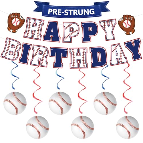 Pre-Strung Baseball Birthday Party Decorations Happy Birthday Banner and Hanging Swilrs for Baseball Sports Themed Party Decorations (NO DIY)