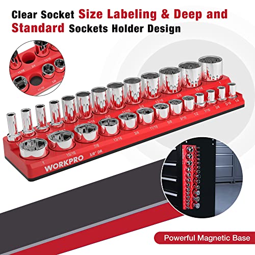 Image of WORKPRO Magnetic Socket Organizer, 3 /8-Inch SAE Socket Holder, Socket Trays Holds 26 Pieces Standard Size and Deep Size Sockets(Sockets not Included)