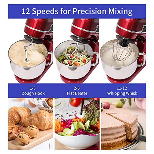 Stand-Mixer-63-QT-12-Speeds-300W-DC-Motor-Planetary-Action-Digital-Timer-with-Stainless-Steel-Mixing-Bow-Dough-Hook-Flat-Beater-Whisk-and-Splash-Guard-Red