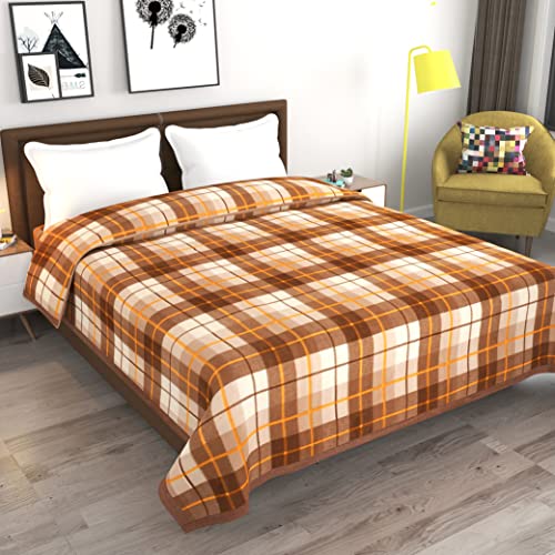 Image of Modern Check All Season Polar Fleece Double Bed Blanket, 90x90 Inches - Brown