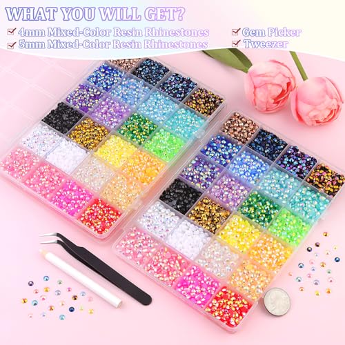 Image of 2 Boxes Jelly Rhinestones for Bedazzling, 19200Pcs 4mm & 5mm Multicolor Flatback Resin Gems for Crafting, Bedazzler Kit with Tweezer for DIY Crafts Book Fabric Decor Nail Art