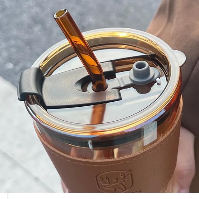 Image of 450ml Glass Iced Tea Tumbler with Lid & Straw - Multipurpose Travel Coffee Sipper Mug with Brown Leather Sleeve Grip - Reusable Drinking Glass for Milk, Smoothies, Cocktails - Pack of 1