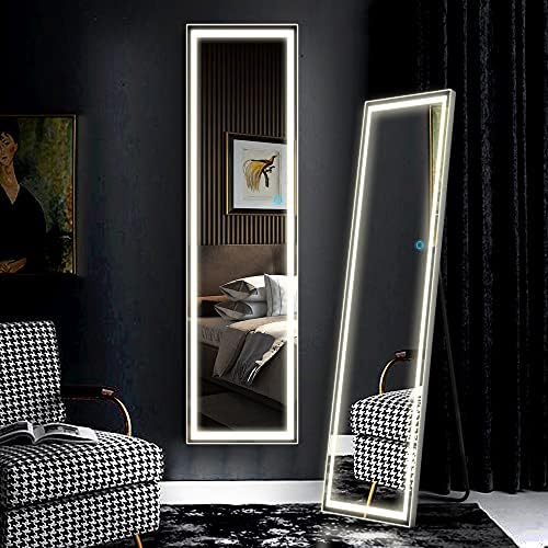 Vlsrka LED Full-Length Mirror, Floor Mirror with Lights, Wall Mounted Lighted Mirror, Free Standing Mirror, Dressing Body Mirror, 3 Color Lighting & Dimmable Brightness(63 x 16in, Silver)