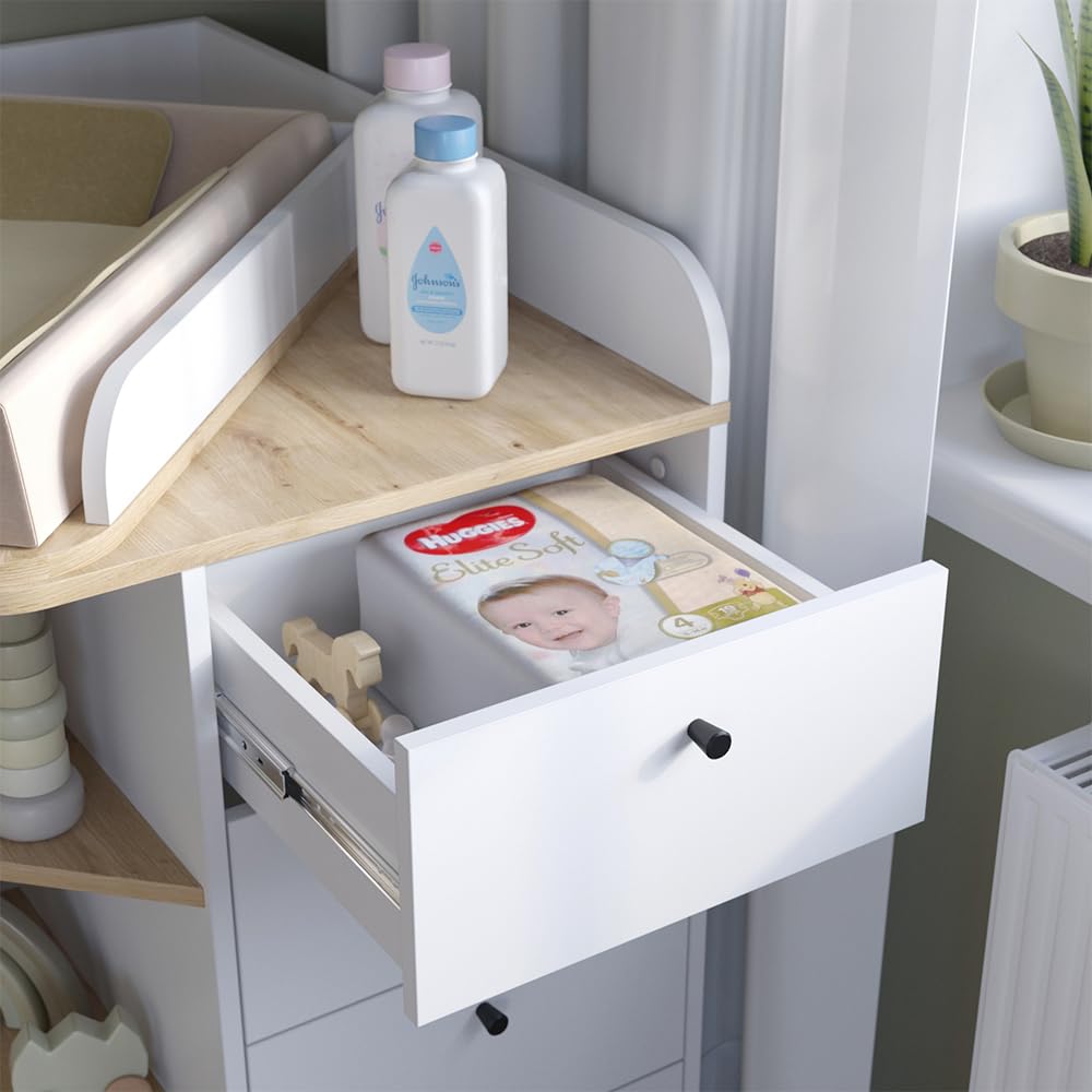 Vicco Wickelkommode Aria, Weiß, 85 x 90 cm | mit Regalen und 4 Schubladen, geeignet als Wickelstation für Babys und Kleinkinder