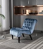 Comfy Velvet Accent Chair, Upholstered Armless Side Chair for Living Room, Modern Small Lounger with Tufted Back and Rolled Edge Design, Comfy Reading Chaise Lounge with Solid Rubber Wood Legs, Blue