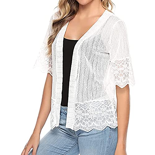Women's Lace Patchwork Open Front Cardigan Lightweight Sheer Half Sleeve Bolero Shrug Jacket Summer Kimono Cover Up2