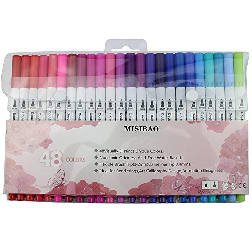 MiSiBao Dual Brush Pen Art Kids Coloring Pen Markers Kids Set of 48 Watercolor Pens, Brush and Fine Tip Markers for Writing Drawing Adult Coloring Books Note Marker for Kids Adults