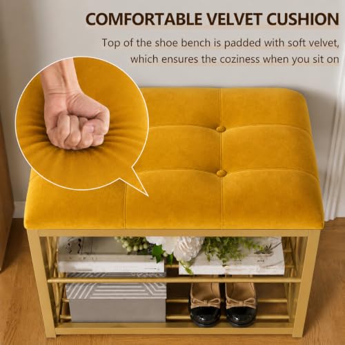 Image of Modern Shoe Rack: Covered Velvet Stool with a Cushioned Seat for Setting Stool, Space-Saving Wrought Iron Shoe Rack The Hallway, Bedroom, and Living Room -Yellow