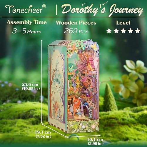 Image of Tonecheer DIY Book Nook Kit, Dorothy's Journey 3D Puzzle Wooden Fairy Tales Miniature House Kit for Adults, Booknook Set Dollhouse Bookshelf Decor Bookend with Dust Cover and LEDs Ideal Gifts