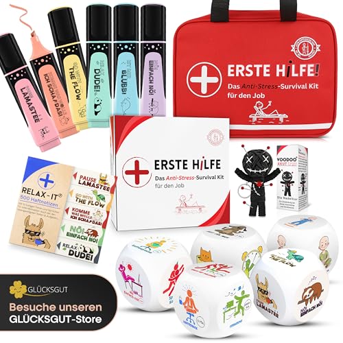 GLÜCKSGUT® 6x Textmarker Pastell | Geschenkbox & Anleitung | Scherz-Medikament | Anti Stress | Büro Schule Studium Uni | Abschiedsgeschenk für Kollegen Chef Lehrer