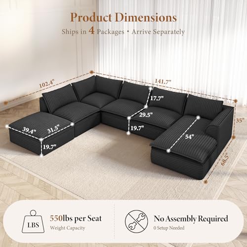 Image of Vesgantti 7 Seater U Shaped Boneless Cloud Couch with Chaise, Gray | Oversized Compressed Modular Sectional Couch with Ottoman, Deep Seat Sofa for Living Room, Pinstripe Corduroy, No Assembly