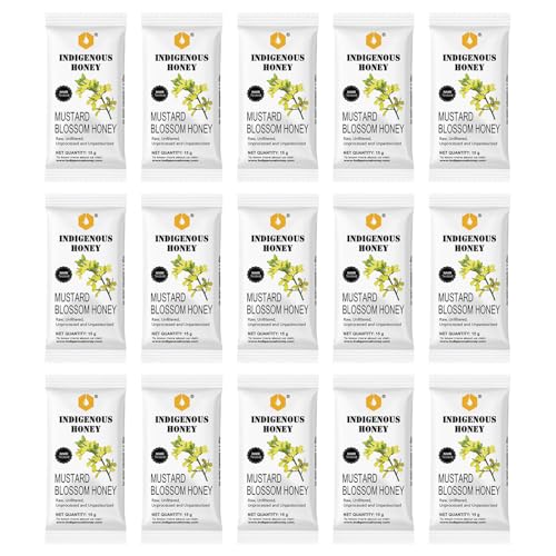 Image of INDIGENOUS HONEY Natural Mustard Honey Organic Raw Pure Unprocessed Added Sugar Free NMR Tested Unpasteurized Unheated 15 Hygienic Sachets 15g Each Total 225g