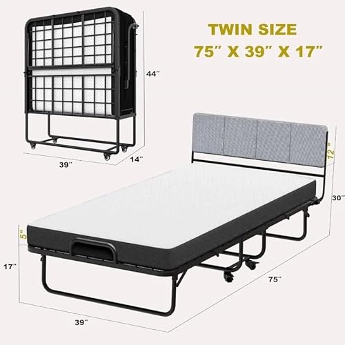 NSUQOA JSEIAJB Folding Bed with 5" Memory Foam Mattress Twin Guest Bed with Headboard Portable Rollaway Bed with Sturdy Frame - Image 2
