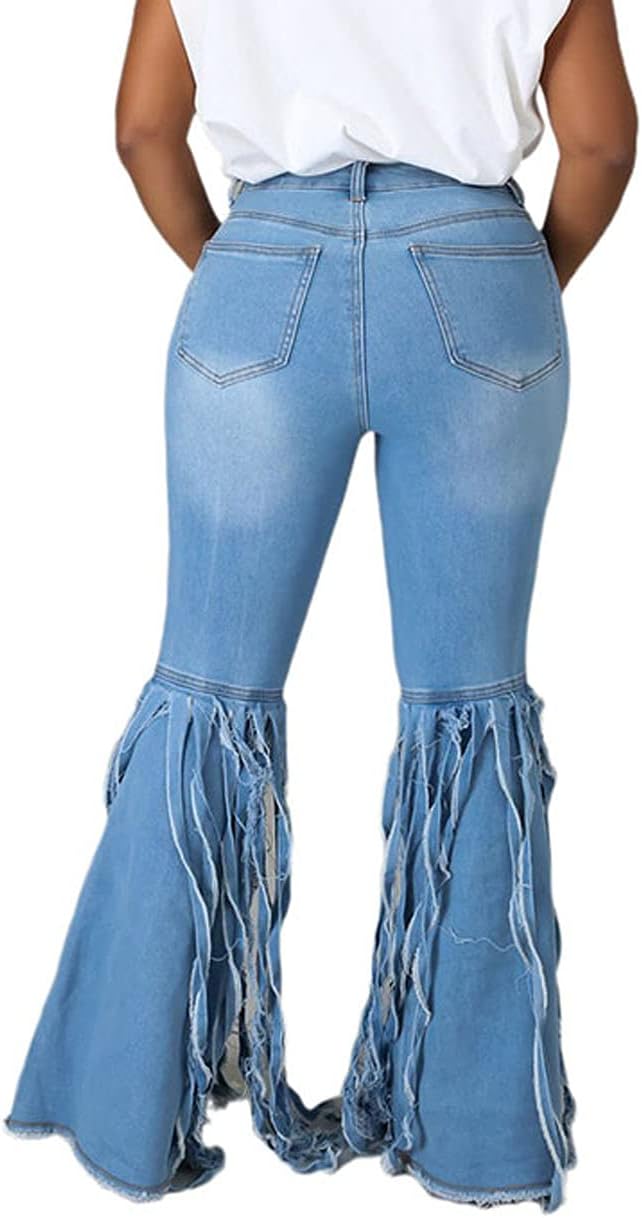 BestGirl Women's Bell Bottom Jeans Destoryed Ripped Flare Jeans Elastic Waist Raw Hem Denim Pants - Image 2