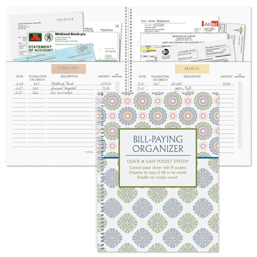 Current Fresh Patterns Bill Paying Organizer Book - 9' x 12” Personal Account Book, Spiral Bound, 14 Storage Pockets, 32 Label Stickers, Monthly Finance & Payment Management Tracker for Home & Office