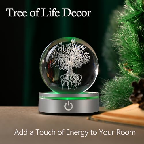 Image of IFOLAINA Tree of Life Crystal Ball with Lighted Base Laser Engraved Glass Ball Tree of Life Night Light Decorative Globes 3D Crystal Plant Sphere Gifts for Her Birthday