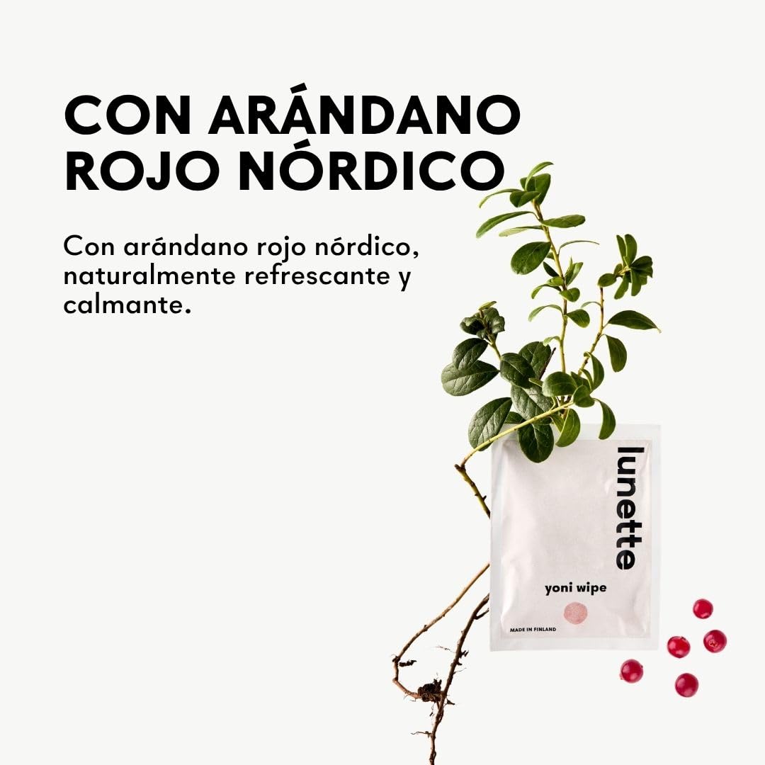 Lunette Toallitas Íntimas Yoni con pH Equilibrado, 20 uds | Para piel Sensible, Sin Perfume, Envueltas Individualmente, Veganas, Tamaño de Viaje, Compostables, Fabricadas en Finlandia