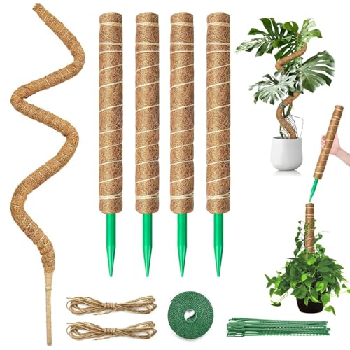 tutores para Plantas,Juego de 4 Postes de Musgo de 32 cm + 1 Poste de Soporte de Musgo Flexible de 100 cm, Postes Apilables para Plantas Trepadoras de Interior, Hiedra y Pothos