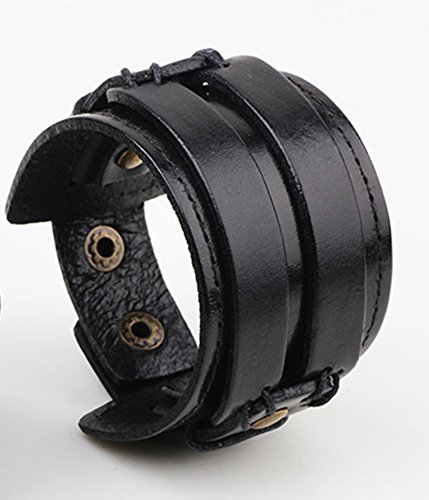 Hamoery Men Leather Bracelet Punk Braided Rope Alloy Bracelet Bangle Wristband(Black1)