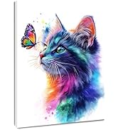 LB Funny Animal Cat Wall Art for Bathroom Teen Girl Colorful Cute Cat and Butterfly Canvas Wall A...