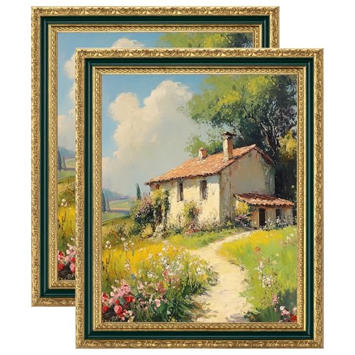 Image of eletecpro 8x10 Vintage Picture Frame, Glass Cover, Green Gold, 2-Pack | Display Photo 5x7 with Mat or 8x10 without, Horizontal or Vertical, Tabletop or Wall Decor