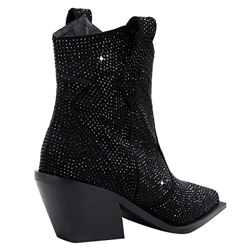 Shodense Women Rhinestone Cowboy Ankle Boots Black Pointed Toe Chunky Stacked Heel Glitter Cowgirl Boots Wide Calf Sparkle Combat Boots Pull On Studded Dress Boot Fashion Ladies Girl Party Black 5 #TOP5