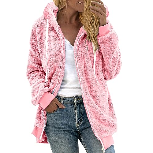 Sherpa Fleece Jacket For Women Full Zip Oversized Long Sleeve Hooded Fuzzy Cardigan Coat Fashion Winter Outwear