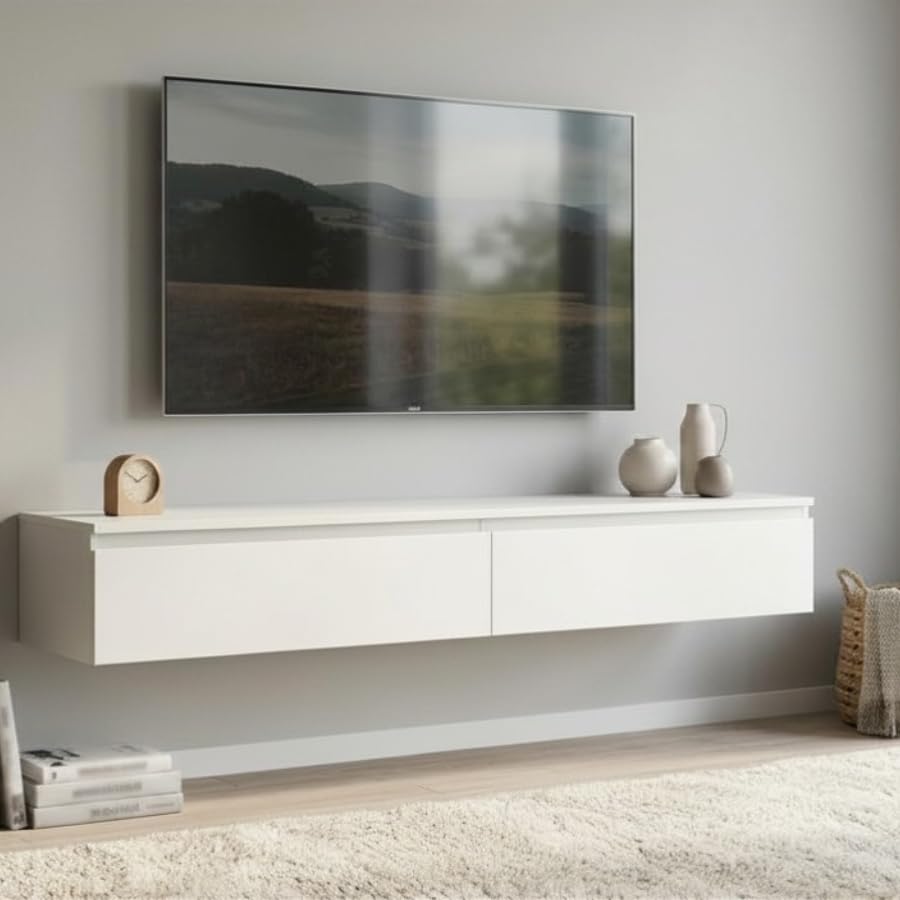 Wall-Mounted Floating TV Unit with 2 Drawers, 160cm, White | Handle-Free Front, Matte Finish, Engineered Wood, 160x40x24.3 cm, Space-Saving Design-image-40