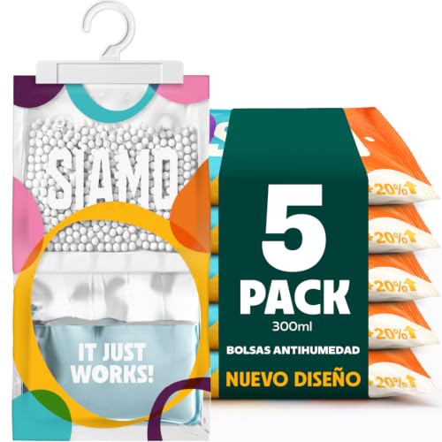Bolsas Antihumedad Armarios - SIAMO - Deshumidificador colgante, absorbe humedad, moho y olores en armarios, casa, trastero, coche y ropa - Percha absorbente, 120 g, 24x14 cm (Pack 5)