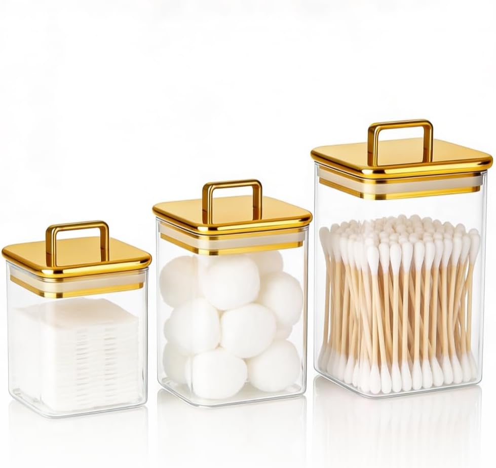 Apothecary Jars - Kitchen Storage Containers Pack Of 3 Airtight Canister Set - Clear Plastic Storage Jars With Gold Lids For Bathroom Countertop Accessories And Home Storage (Small)